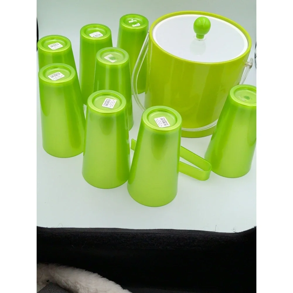 Set Of 8 Crate & Barrel Pearl Kiwi 18 Oz. Cooler Cups & Ice Bucket With Tongs